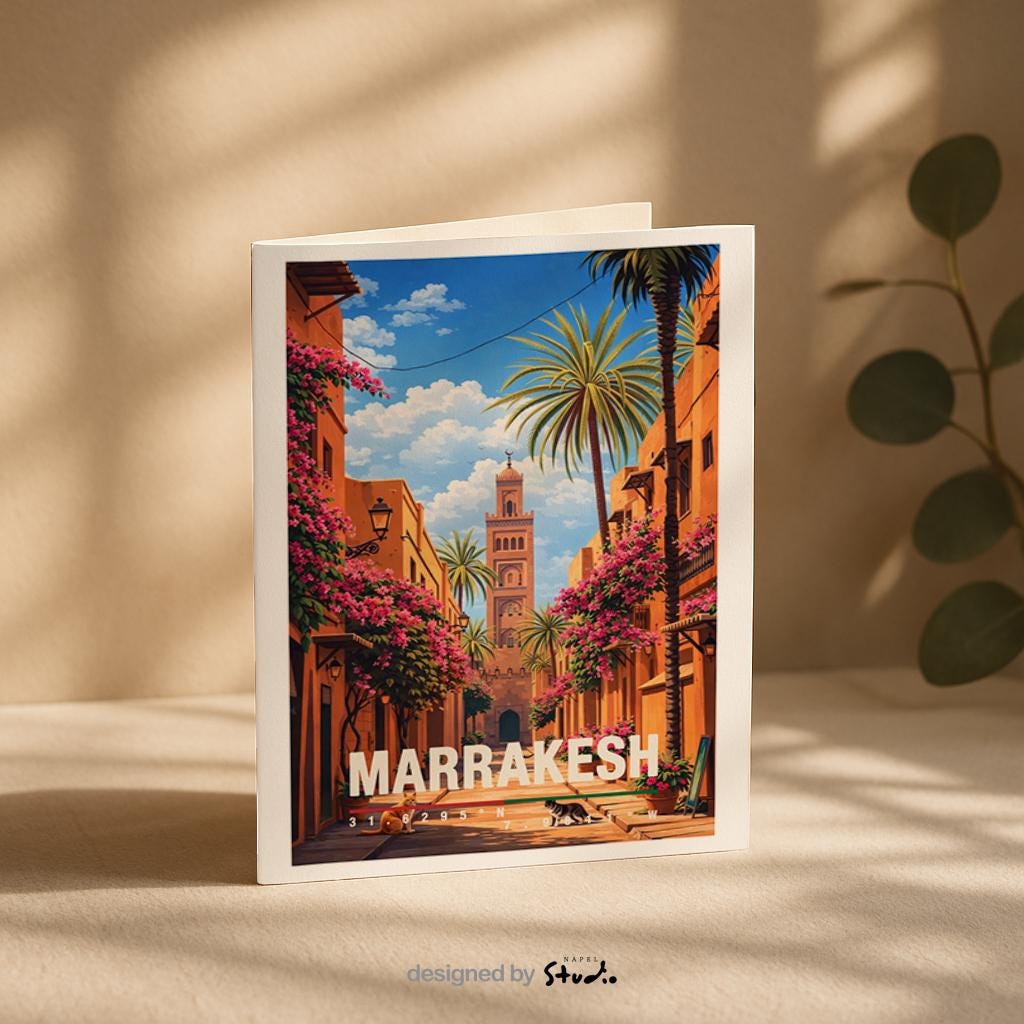 Orientalische Illustration von Marrakesch mit schmaler Altstadtgasse, warmen Erdtönen, Palmen und einem Minarett im Hintergrund. Traditionelle Architektur, üppige Pflanzen und Sonnenlicht erzeugen eine ruhige, exotische Atmosphäre. Die Szene vermittelt nordafrikanisches Flair, kulturelle Tiefe und das besondere Lebensgefühl einer historischen marokkanischen Stadt.