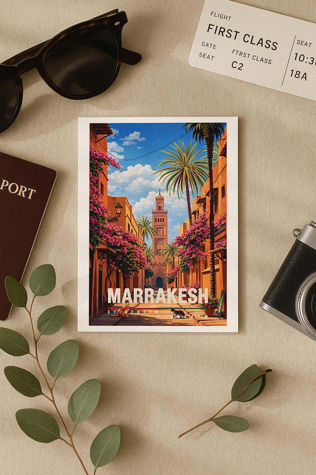 Orientalische Illustration von Marrakesch mit schmaler Altstadtgasse, warmen Erdtönen, Palmen und einem Minarett im Hintergrund. Traditionelle Architektur, üppige Pflanzen und Sonnenlicht erzeugen eine ruhige, exotische Atmosphäre. Die Szene vermittelt nordafrikanisches Flair, kulturelle Tiefe und das besondere Lebensgefühl einer historischen marokkanischen Stadt.