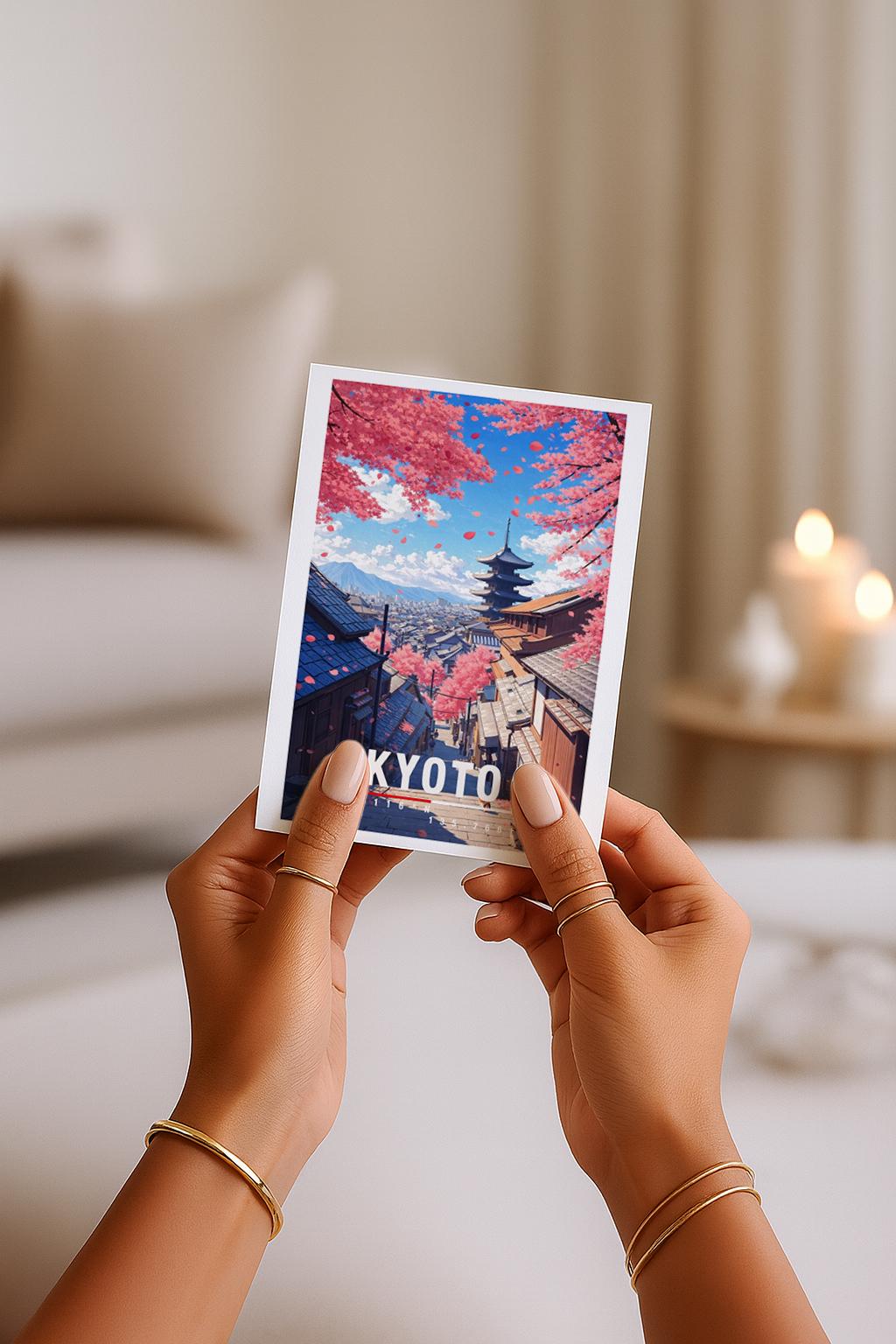 Detaillierte Illustration von Kyoto mit traditioneller Pagode, japanischen Holzhäusern und blühenden Kirschbäumen. Zarte Blütenblätter schweben durch die Luft und rahmen den Blick auf die Stadt ein. Die harmonische Komposition verbindet Natur, Architektur und Kultur und vermittelt Ruhe, Tradition und die zeitlose Schönheit des japanischen Frühlings.