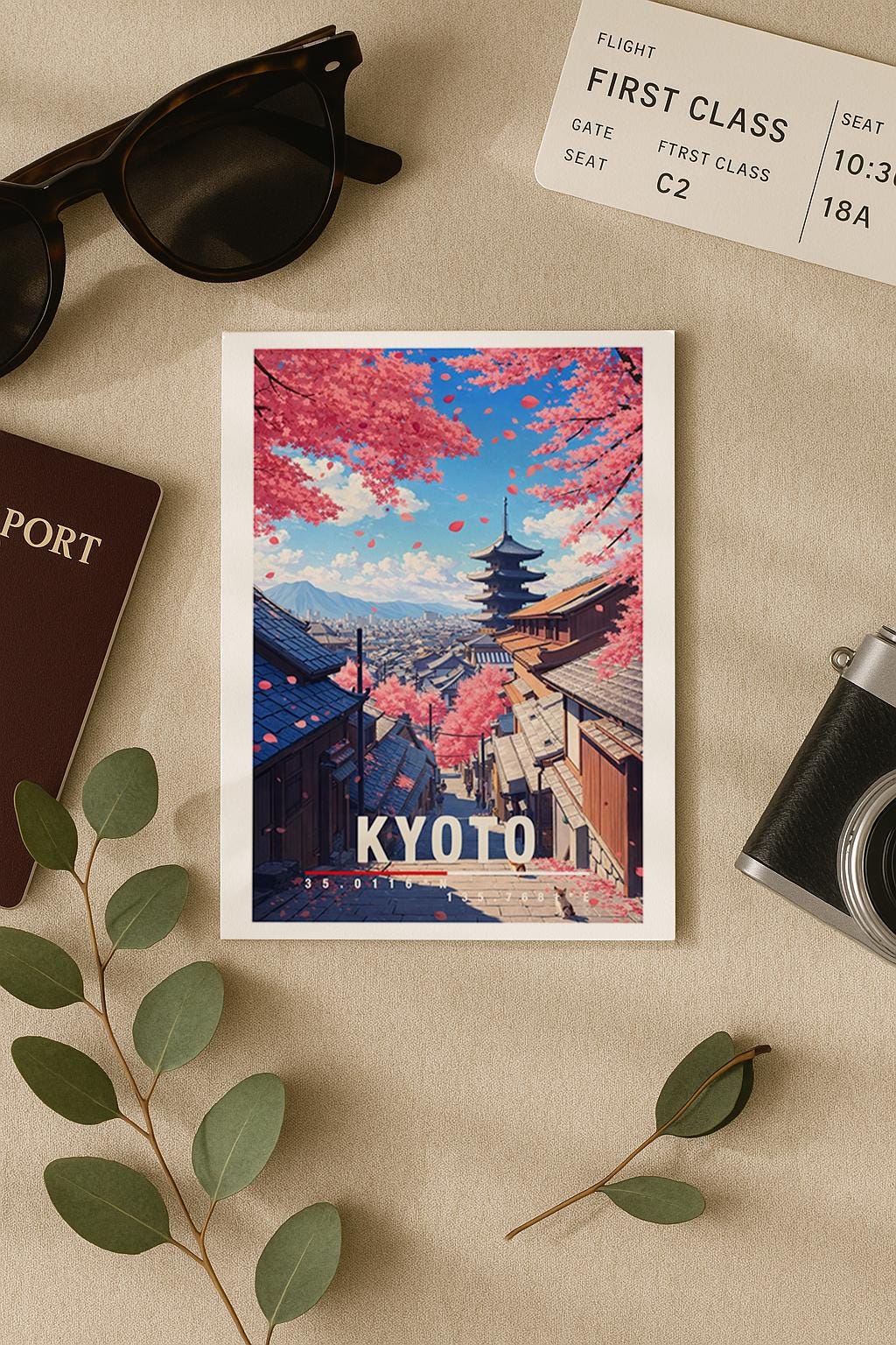 Detaillierte Illustration von Kyoto mit traditioneller Pagode, japanischen Holzhäusern und blühenden Kirschbäumen. Zarte Blütenblätter schweben durch die Luft und rahmen den Blick auf die Stadt ein. Die harmonische Komposition verbindet Natur, Architektur und Kultur und vermittelt Ruhe, Tradition und die zeitlose Schönheit des japanischen Frühlings.