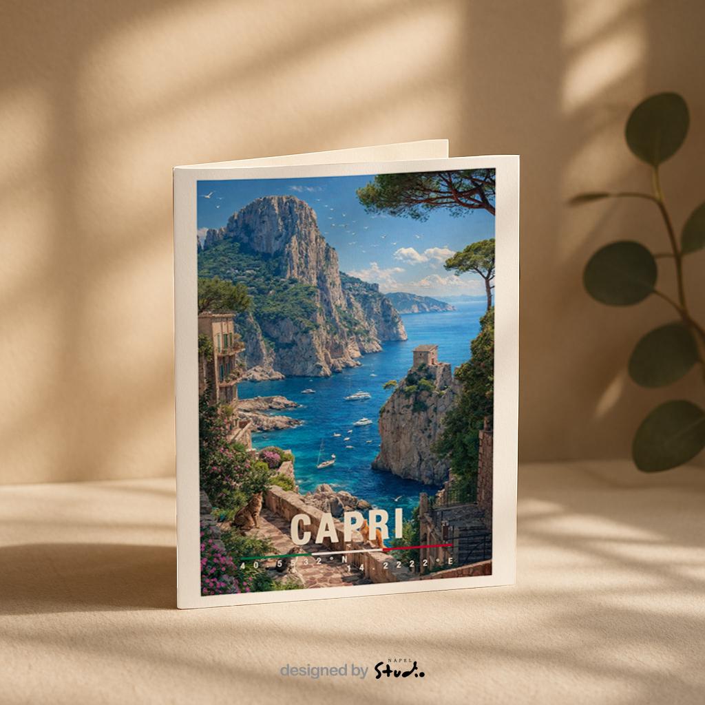 Mediterrane Illustration von Capri mit steilen Felsklippen, türkisfarbenem Meer und eleganter Küstenarchitektur. Kleine Boote treiben im Wasser, während üppige Vegetation die Szenerie umrahmt. Die Komposition vermittelt italienischen Luxus, natürliche Schönheit und das exklusive Inselgefühl des Mittelmeers bei sonnigem Wetter.