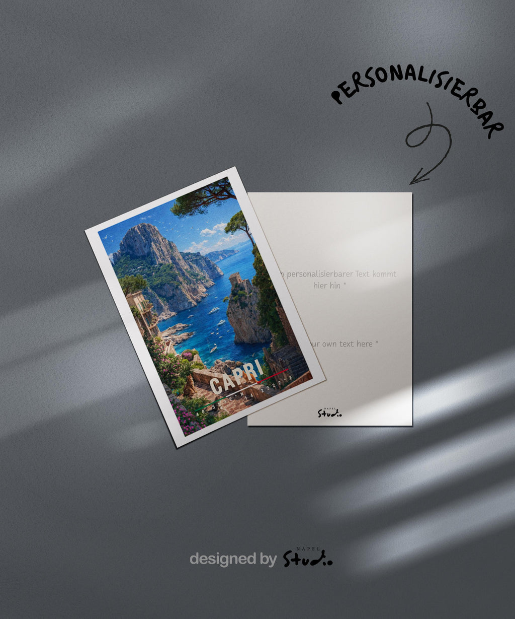 Mediterrane Illustration von Capri mit steilen Felsklippen, türkisfarbenem Meer und eleganter Küstenarchitektur. Kleine Boote treiben im Wasser, während üppige Vegetation die Szenerie umrahmt. Die Komposition vermittelt italienischen Luxus, natürliche Schönheit und das exklusive Inselgefühl des Mittelmeers bei sonnigem Wetter.