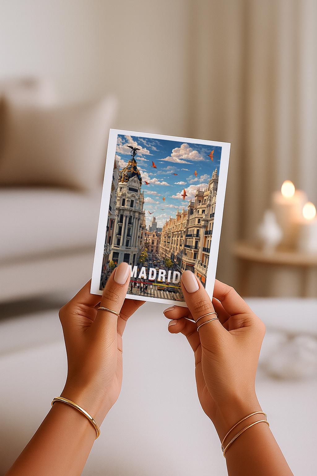 Illustration von Madrid mit beeindruckender historischer Architektur, breiter Straße und lebendigem Stadtverkehr. Klassische Fassaden, moderne Elemente und fliegende Vögel im Himmel erzeugen Dynamik. Die Szene spiegelt das urbane Herz Spaniens wider und verbindet Tradition, Großstadtflair und kulturelle Vielfalt in einer harmonischen Stadtansicht.