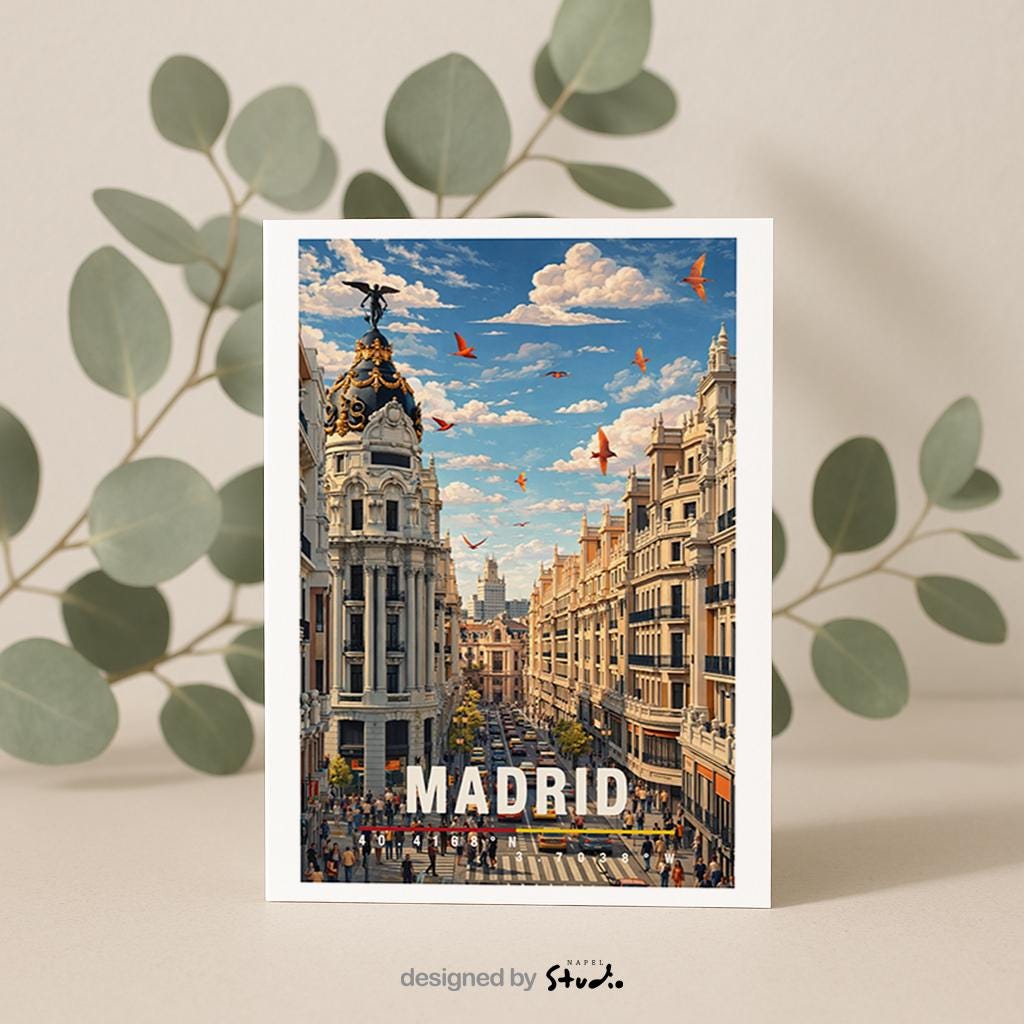 Illustration von Madrid mit beeindruckender historischer Architektur, breiter Straße und lebendigem Stadtverkehr. Klassische Fassaden, moderne Elemente und fliegende Vögel im Himmel erzeugen Dynamik. Die Szene spiegelt das urbane Herz Spaniens wider und verbindet Tradition, Großstadtflair und kulturelle Vielfalt in einer harmonischen Stadtansicht.