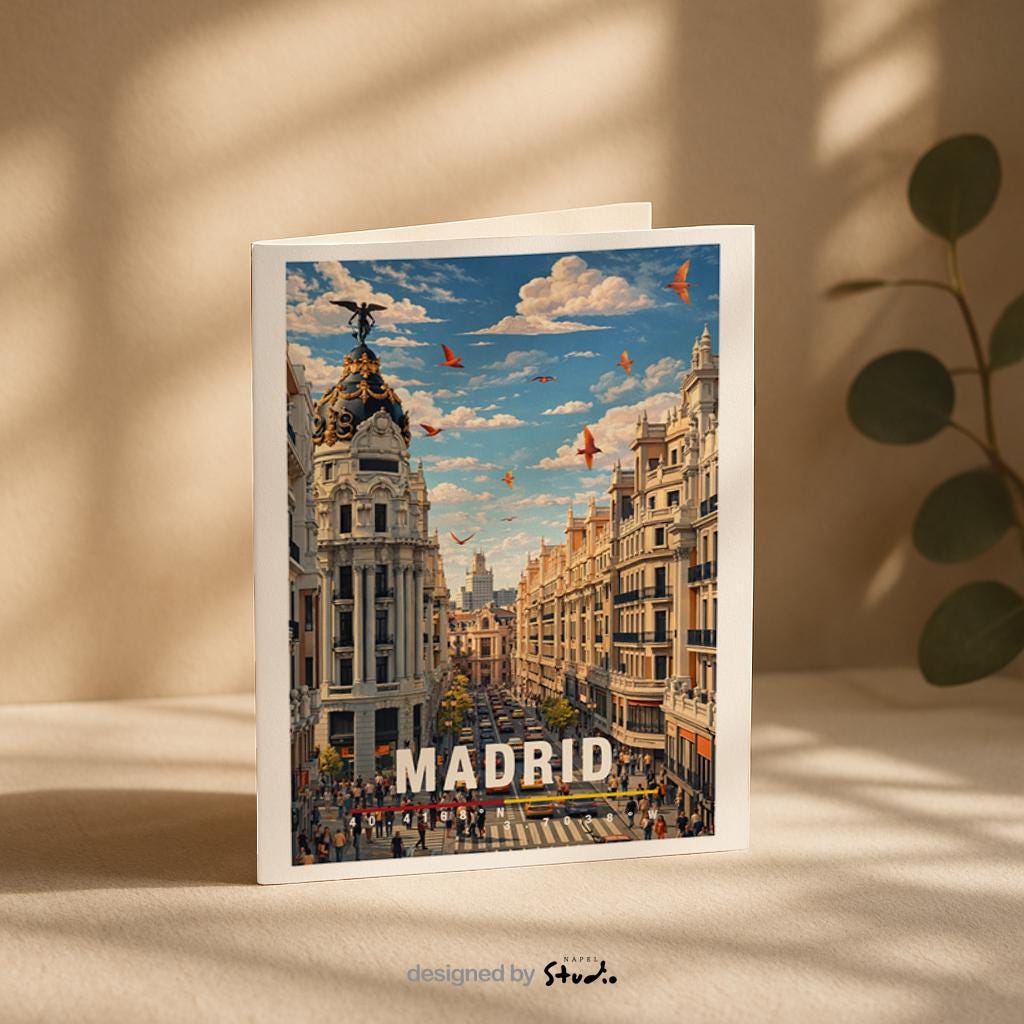 Illustration von Madrid mit beeindruckender historischer Architektur, breiter Straße und lebendigem Stadtverkehr. Klassische Fassaden, moderne Elemente und fliegende Vögel im Himmel erzeugen Dynamik. Die Szene spiegelt das urbane Herz Spaniens wider und verbindet Tradition, Großstadtflair und kulturelle Vielfalt in einer harmonischen Stadtansicht.
