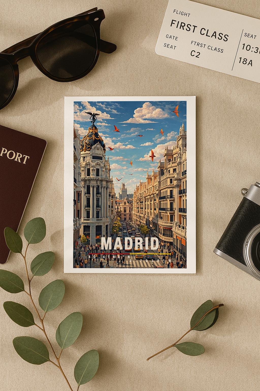 Illustration von Madrid mit beeindruckender historischer Architektur, breiter Straße und lebendigem Stadtverkehr. Klassische Fassaden, moderne Elemente und fliegende Vögel im Himmel erzeugen Dynamik. Die Szene spiegelt das urbane Herz Spaniens wider und verbindet Tradition, Großstadtflair und kulturelle Vielfalt in einer harmonischen Stadtansicht.