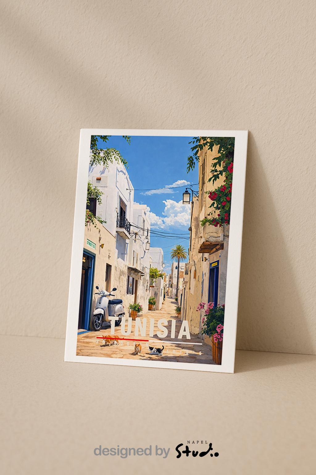 Illustration einer tunesischen Altstadt mit weißen Häusern, schmaler Gasse und mediterranem Licht. Blühende Pflanzen, traditionelle Türen und warme Farben prägen die Szene. Die ruhige Atmosphäre vermittelt nordafrikanische Kultur, südliches Lebensgefühl und den zeitlosen Charme historischer Städte zwischen Mittelmeer und Wüste.