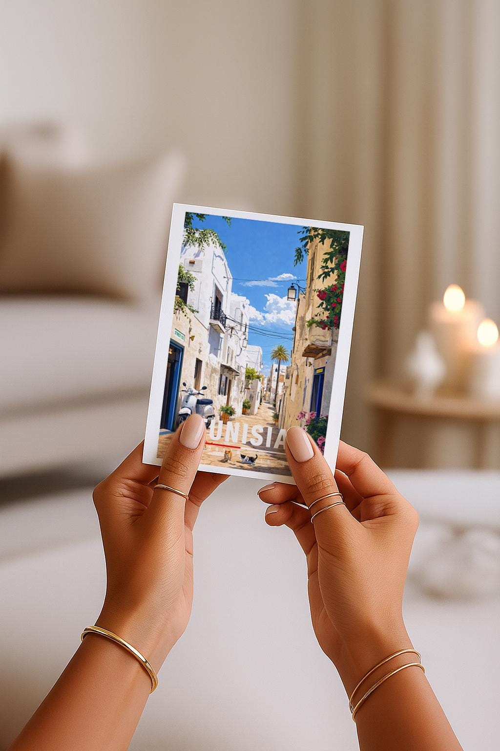 Illustration einer tunesischen Altstadt mit weißen Häusern, schmaler Gasse und mediterranem Licht. Blühende Pflanzen, traditionelle Türen und warme Farben prägen die Szene. Die ruhige Atmosphäre vermittelt nordafrikanische Kultur, südliches Lebensgefühl und den zeitlosen Charme historischer Städte zwischen Mittelmeer und Wüste.