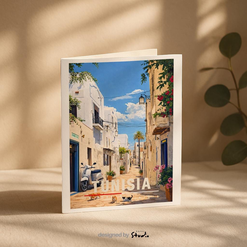 Illustration einer tunesischen Altstadt mit weißen Häusern, schmaler Gasse und mediterranem Licht. Blühende Pflanzen, traditionelle Türen und warme Farben prägen die Szene. Die ruhige Atmosphäre vermittelt nordafrikanische Kultur, südliches Lebensgefühl und den zeitlosen Charme historischer Städte zwischen Mittelmeer und Wüste.