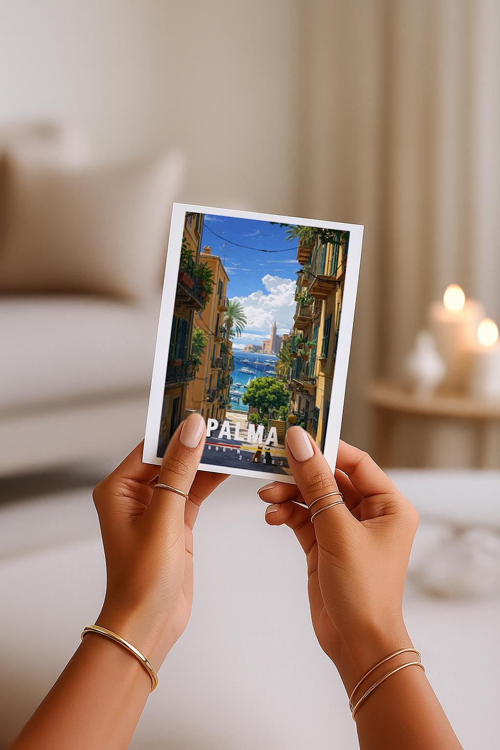 Mediterrane Illustration von Palma de Mallorca mit schmaler Altstadtgasse, Balkonen, Pflanzen und Blick auf das blaue Meer im Hintergrund. Motorräder, Boote und sonnendurchflutete Fassaden erzeugen echtes Insel-Flair. Die Szene vermittelt Sommer, Freiheit und das entspannte Lebensgefühl einer beliebten spanischen Mittelmeerinsel.