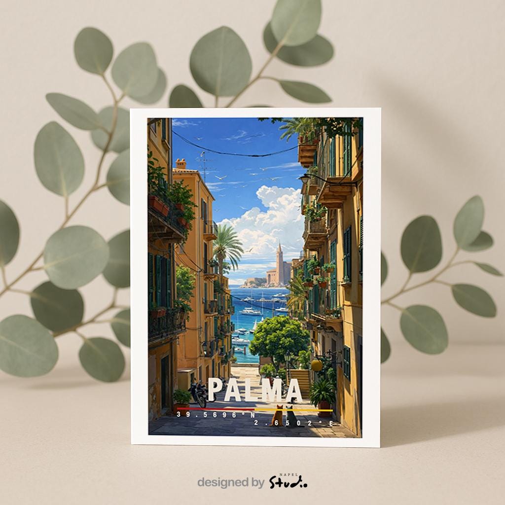 Mediterrane Illustration von Palma de Mallorca mit schmaler Altstadtgasse, Balkonen, Pflanzen und Blick auf das blaue Meer im Hintergrund. Motorräder, Boote und sonnendurchflutete Fassaden erzeugen echtes Insel-Flair. Die Szene vermittelt Sommer, Freiheit und das entspannte Lebensgefühl einer beliebten spanischen Mittelmeerinsel.