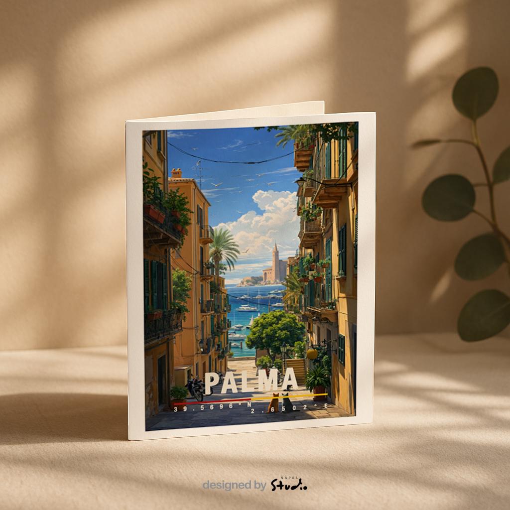 Mediterrane Illustration von Palma de Mallorca mit schmaler Altstadtgasse, Balkonen, Pflanzen und Blick auf das blaue Meer im Hintergrund. Motorräder, Boote und sonnendurchflutete Fassaden erzeugen echtes Insel-Flair. Die Szene vermittelt Sommer, Freiheit und das entspannte Lebensgefühl einer beliebten spanischen Mittelmeerinsel.