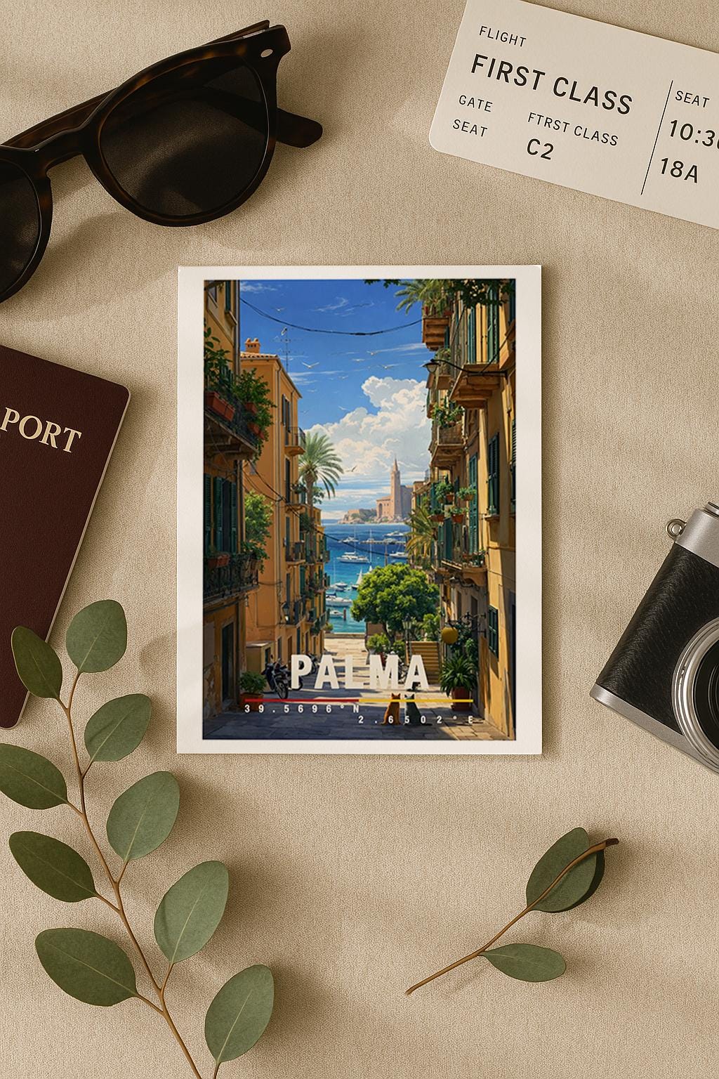 Mediterrane Illustration von Palma de Mallorca mit schmaler Altstadtgasse, Balkonen, Pflanzen und Blick auf das blaue Meer im Hintergrund. Motorräder, Boote und sonnendurchflutete Fassaden erzeugen echtes Insel-Flair. Die Szene vermittelt Sommer, Freiheit und das entspannte Lebensgefühl einer beliebten spanischen Mittelmeerinsel.