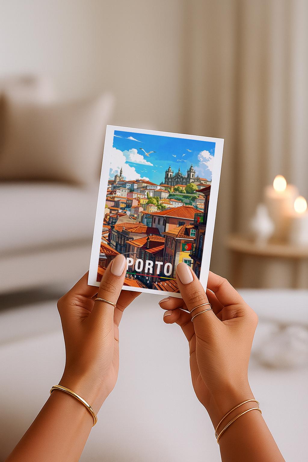 Detaillierte Illustration von Porto mit dicht aneinandergereihten, farbenfrohen Häusern und typischen roten Ziegeldächern, die sich über die Hügel der Altstadt ziehen. Im Hintergrund erhebt sich eine historische Kirche über der Stadt. Die warme Lichtstimmung, mediterrane Architektur und das lebendige Stadtbild vermitteln portugiesisches Flair, kulturelle Tiefe und das romantische Reisegefühl einer traditionsreichen Küstenstadt.