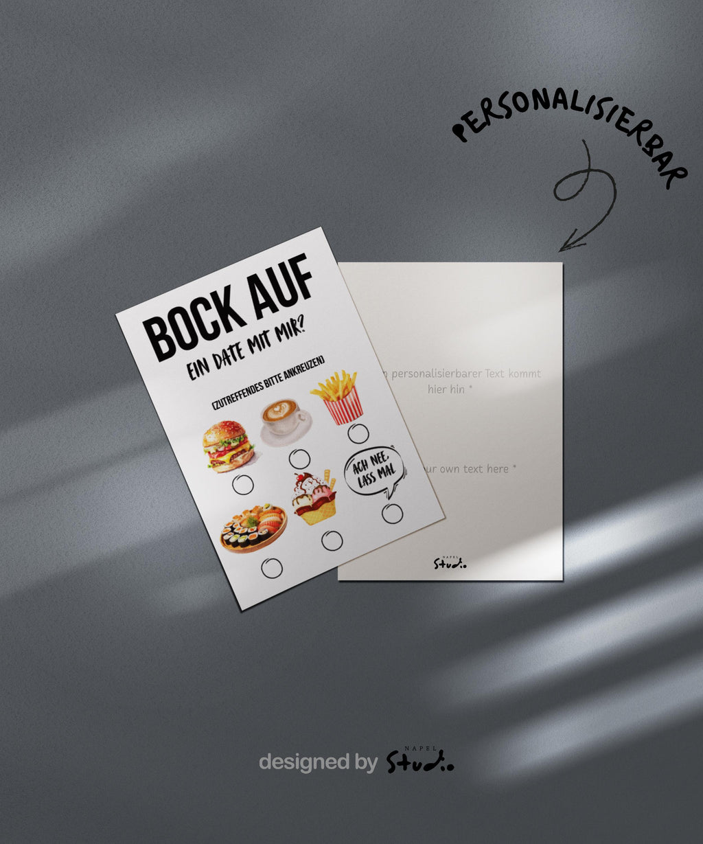 Lustige Grußkarte mit dem Text „Bock auf ein Date mit mir?“ und Auswahlmöglichkeiten zum Ankreuzen. Abgebildet sind verschiedene Date-Optionen wie Burger, Kaffee, Pommes, Sushi, Eis sowie die Antwort „Ach nee lass mal“. Humorvolle Einladungskarte für ein Date, ideal als witzige Liebes- oder Flirtkarte für Partner, Crush oder Lieblingsmensch. Modernes, verspieltes Design auf hellem Hintergrund.
