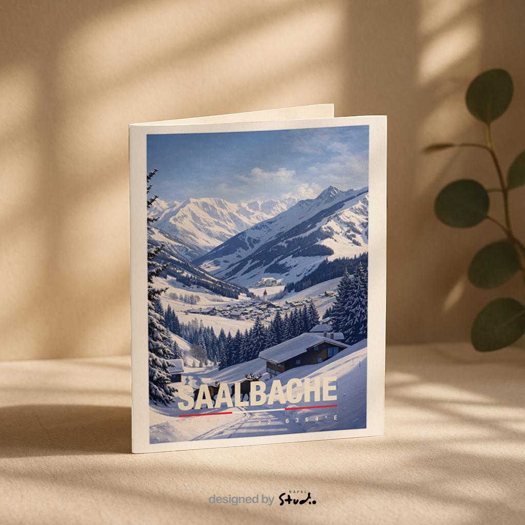Winterliche Grußkarte mit Saalbach-Motiv in Österreich, zeigt verschneite Alpen, Tannenwälder und ein idyllisches Bergdorf. Die Illustration vermittelt alpine Ruhe, Winterromantik und Bergluft. Ideal als Reise-Grußkarte, Wintergruß oder liebe Nachricht für Skifahrer, Alpenfans, Naturliebhaber und Freunde der Berge.