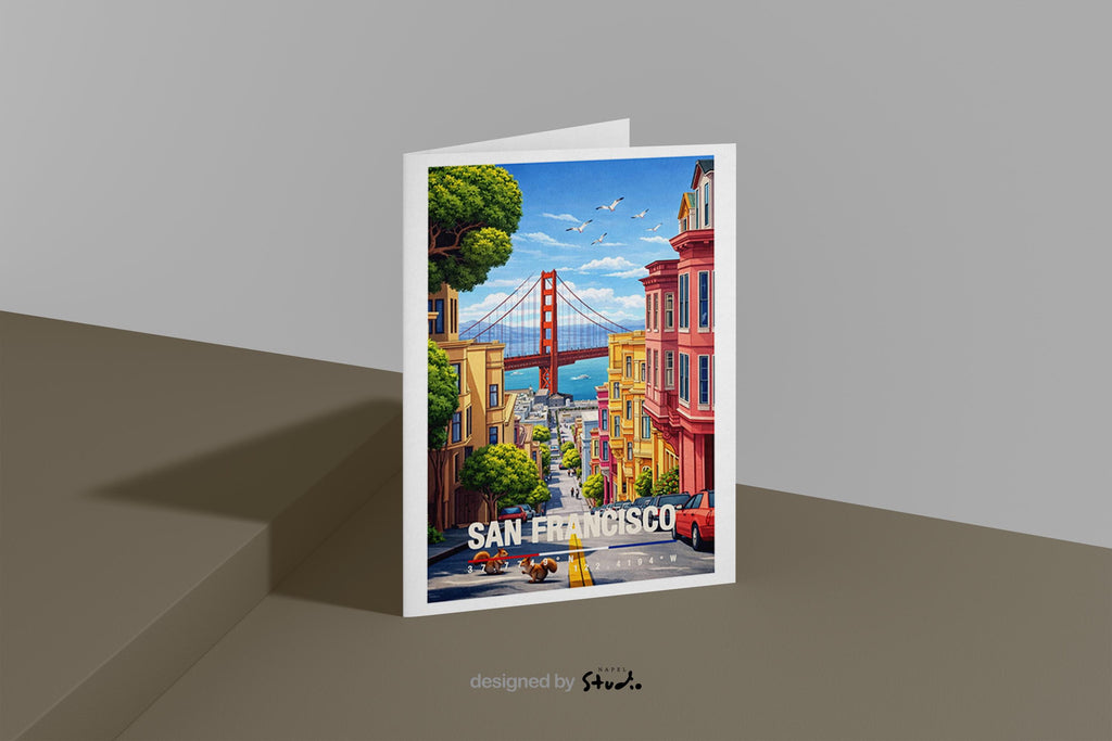 Illustrative Grußkarte mit San-Francisco-Motiv, zeigt die Golden Gate Bridge, bunte Häuser und eine typische steile Straße. Die Szene vermittelt Großstadtflair, Freiheit und Westküsten-Atmosphäre. Perfekt als Reise-Grußkarte, Städtegruß oder liebe Nachricht für USA-Fans und Kalifornien-Liebhaber.