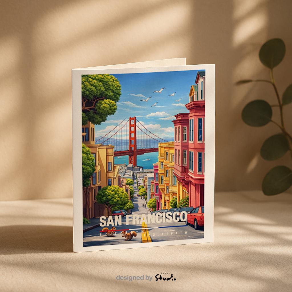Illustrative Grußkarte mit San-Francisco-Motiv, zeigt die Golden Gate Bridge, bunte Häuser und eine typische steile Straße. Die Szene vermittelt Großstadtflair, Freiheit und Westküsten-Atmosphäre. Perfekt als Reise-Grußkarte, Städtegruß oder liebe Nachricht für USA-Fans und Kalifornien-Liebhaber.