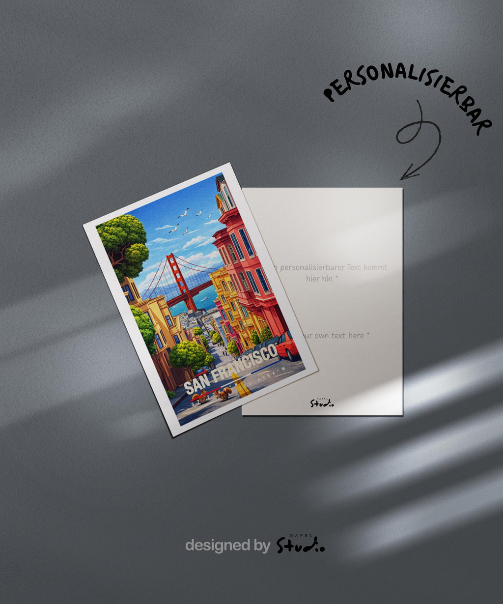 Illustrative Grußkarte mit San-Francisco-Motiv, zeigt die Golden Gate Bridge, bunte Häuser und eine typische steile Straße. Die Szene vermittelt Großstadtflair, Freiheit und Westküsten-Atmosphäre. Perfekt als Reise-Grußkarte, Städtegruß oder liebe Nachricht für USA-Fans und Kalifornien-Liebhaber.