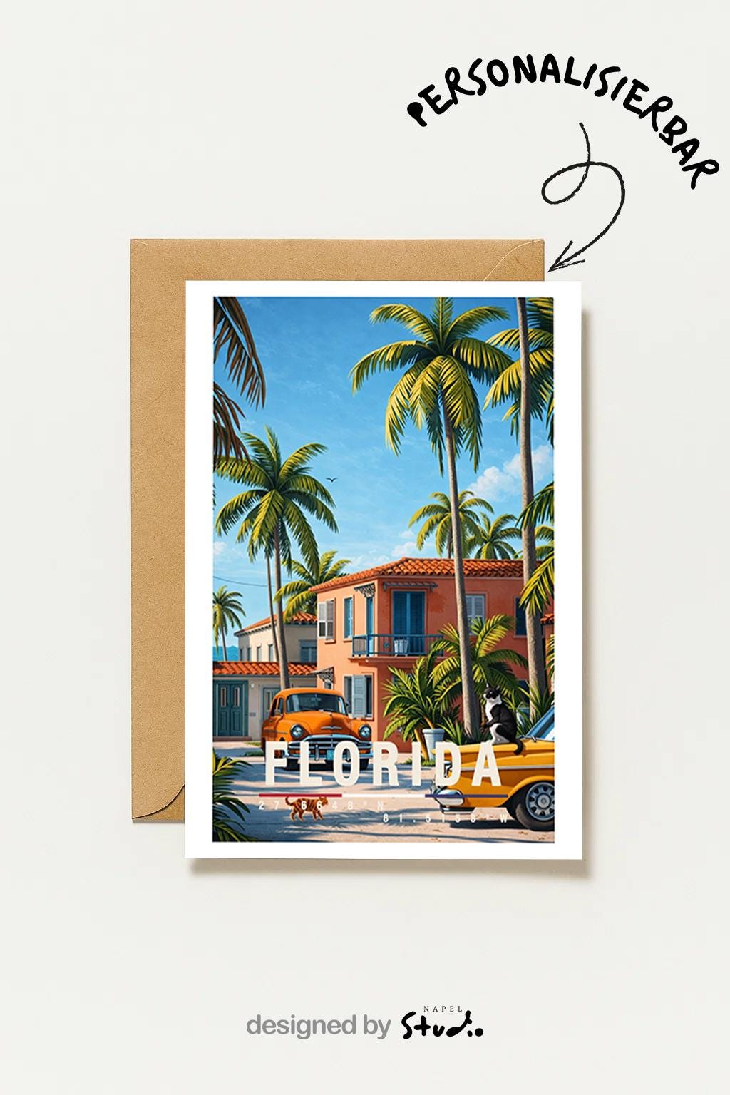 Illustrative Grußkarte mit Florida-Motiv, zeigt tropische Palmen, pastellfarbene Häuser und klassische Retro-Autos unter blauem Himmel. Die Szene vermittelt Sommer, Sonne und entspanntes amerikanisches Urlaubsgefühl. Ideal als Reise-Grußkarte, Urlaubskarte oder liebe Nachricht für Florida-Fans, USA-Reisende, Fernweh-Liebhaber oder als sommerlicher Gruß für Freunde und Familie.