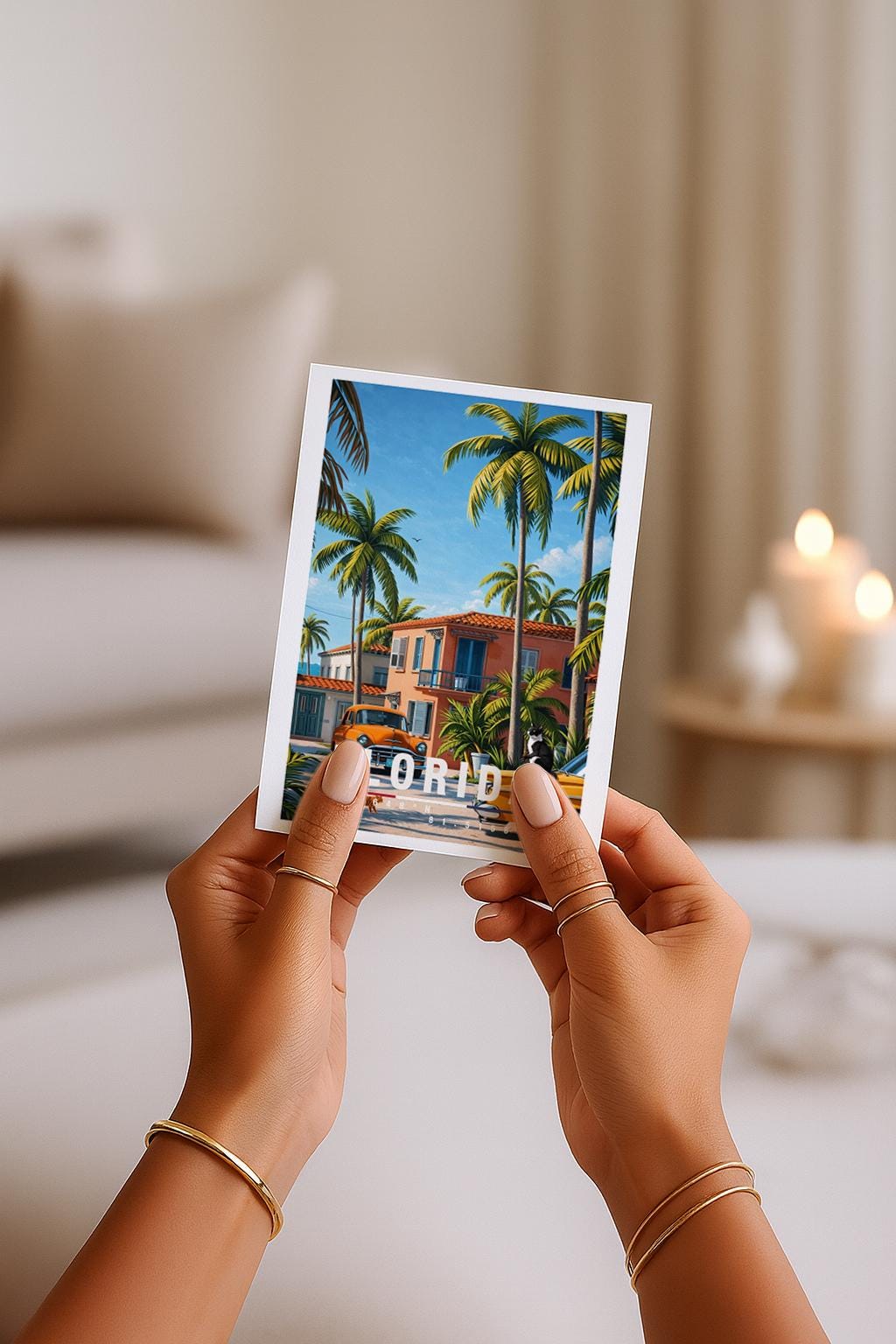 Illustrative Grußkarte mit Florida-Motiv, zeigt tropische Palmen, pastellfarbene Häuser und klassische Retro-Autos unter blauem Himmel. Die Szene vermittelt Sommer, Sonne und entspanntes amerikanisches Urlaubsgefühl. Ideal als Reise-Grußkarte, Urlaubskarte oder liebe Nachricht für Florida-Fans, USA-Reisende, Fernweh-Liebhaber oder als sommerlicher Gruß für Freunde und Familie.