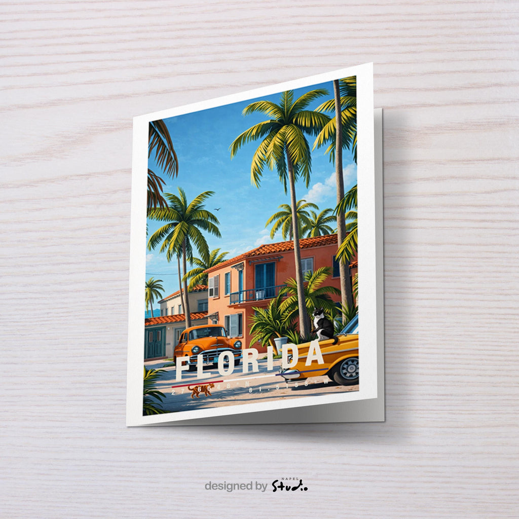 Illustrative Grußkarte mit Florida-Motiv, zeigt tropische Palmen, pastellfarbene Häuser und klassische Retro-Autos unter blauem Himmel. Die Szene vermittelt Sommer, Sonne und entspanntes amerikanisches Urlaubsgefühl. Ideal als Reise-Grußkarte, Urlaubskarte oder liebe Nachricht für Florida-Fans, USA-Reisende, Fernweh-Liebhaber oder als sommerlicher Gruß für Freunde und Familie.