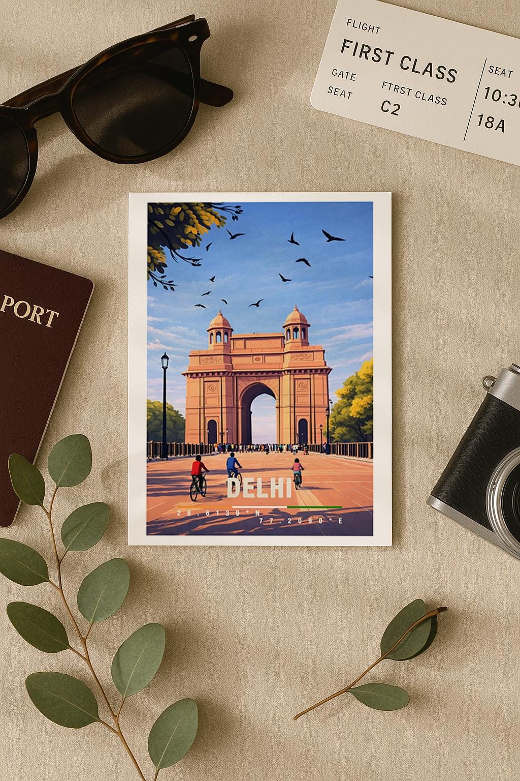 Illustrative Grußkarte mit Delhi-Motiv, zeigt das India Gate, offene Plätze und Vögel am Himmel. Die Szene vermittelt Geschichte, Kultur und Weite. Perfekt als Reise-Grußkarte, kultureller Urlaubsgruß oder liebe Nachricht für Indien-Fans, Reisende und Architektur-Liebhaber.