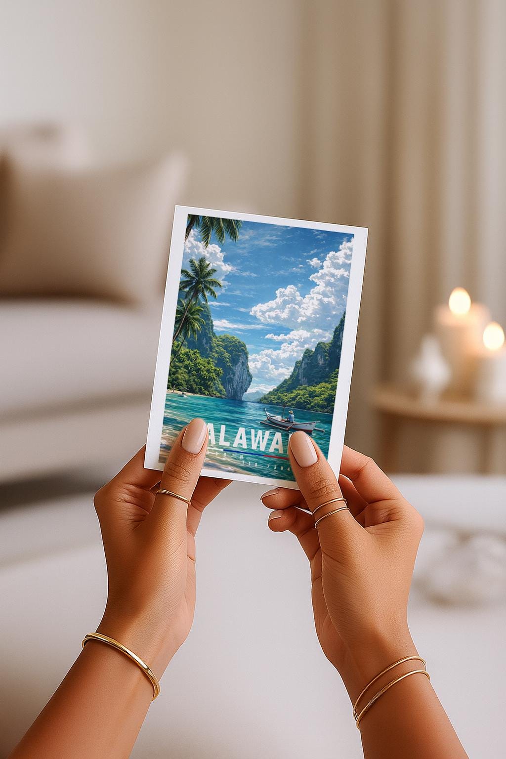 Tropische Grußkarte mit Palawan-Motiv auf den Philippinen, zeigt türkisfarbenes Wasser, Palmen, Boote und imposante Kalksteinfelsen unter weitem Himmel. Die Illustration strahlt Ruhe, Natur und Inselparadies aus. Perfekt als Reise-Grußkarte, Urlaubsgruß oder liebe Nachricht für Weltenbummler, Strandliebhaber und Fernweh-Fans.