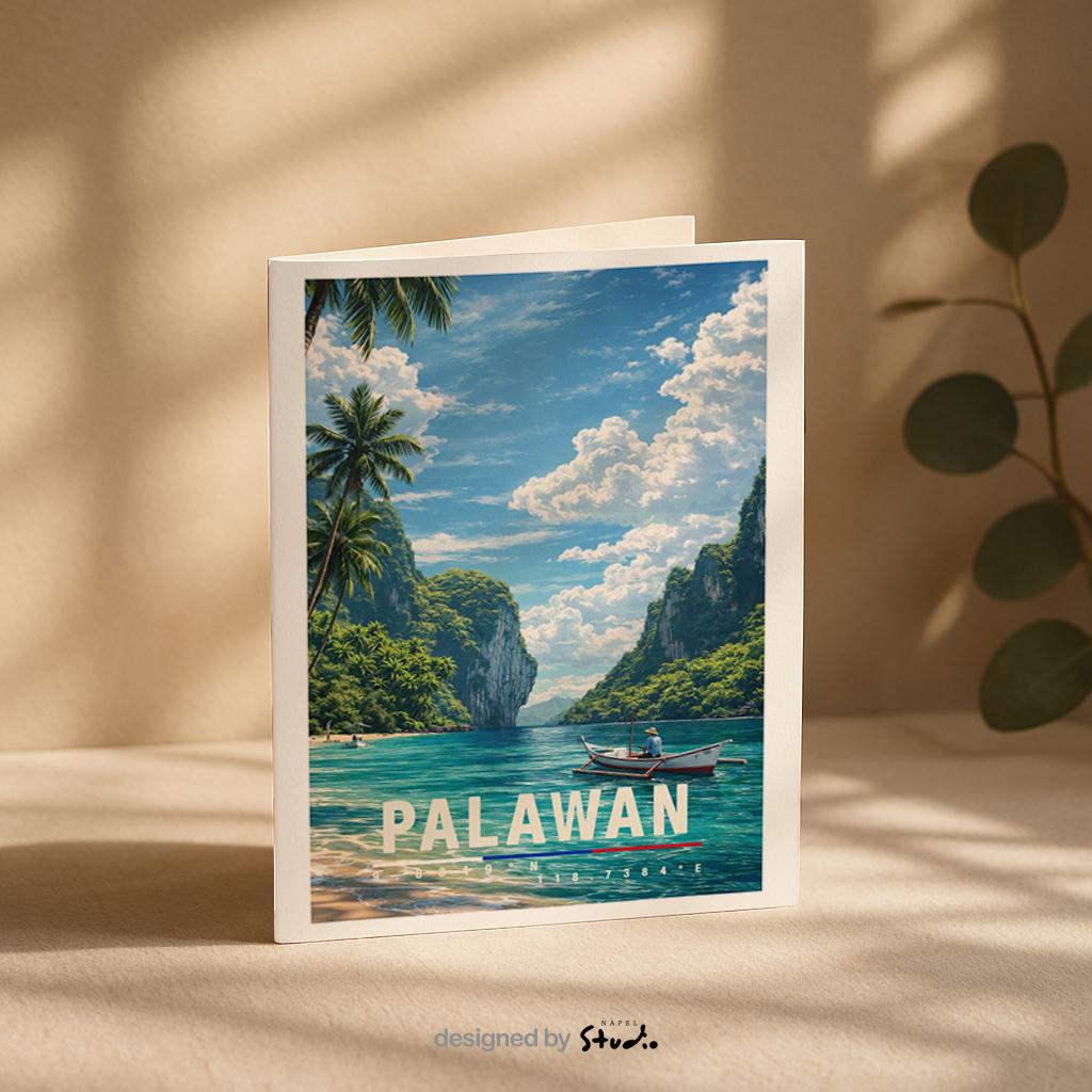 Tropische Grußkarte mit Palawan-Motiv auf den Philippinen, zeigt türkisfarbenes Wasser, Palmen, Boote und imposante Kalksteinfelsen unter weitem Himmel. Die Illustration strahlt Ruhe, Natur und Inselparadies aus. Perfekt als Reise-Grußkarte, Urlaubsgruß oder liebe Nachricht für Weltenbummler, Strandliebhaber und Fernweh-Fans.