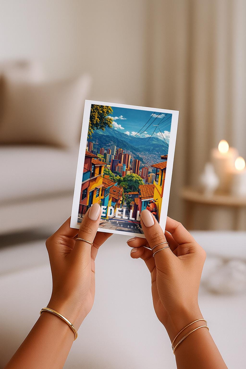 Farbenfrohe Grußkarte mit Medellín-Motiv in Kolumbien, zeigt steile Straßen, bunte Häuser und eine eindrucksvolle Bergkulisse. Die Illustration verbindet urbanes Leben mit südamerikanischer Atmosphäre. Perfekt als Reise-Grußkarte, Städtegruß oder liebe Nachricht für Kolumbien-Fans, Reisende und Kulturbegeisterte.