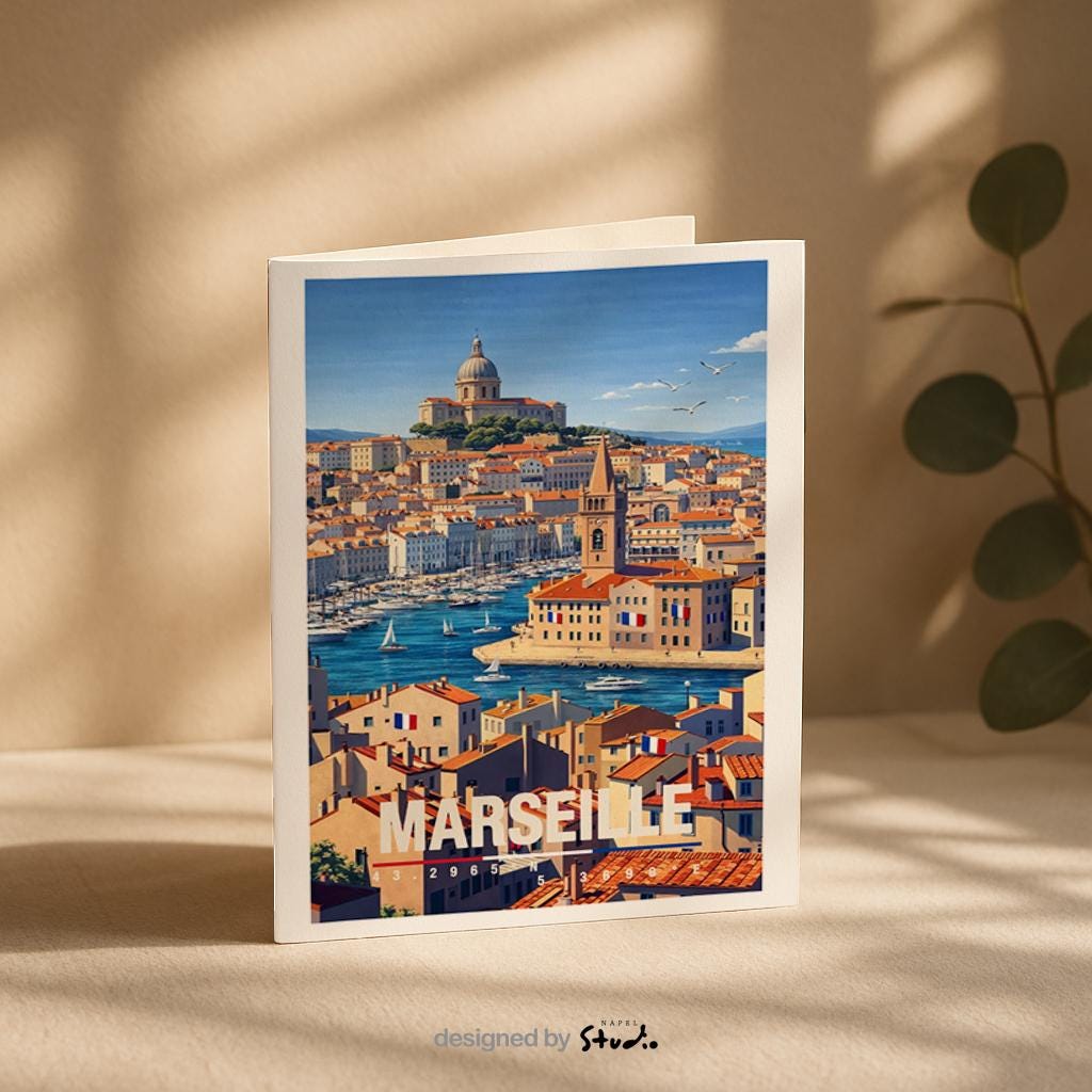 Mediterrane Grußkarte mit Marseille-Motiv, zeigt Hafen, Boote, Altstadt und warme Farben der südfranzösischen Küste. Die Illustration vermittelt Sommer, Meer und südliches Lebensgefühl. Ideal als Reise-Grußkarte, Urlaubsgruß oder liebe Nachricht für Frankreich-Fans, Mittelmeer-Liebhaber und Weltenbummler.