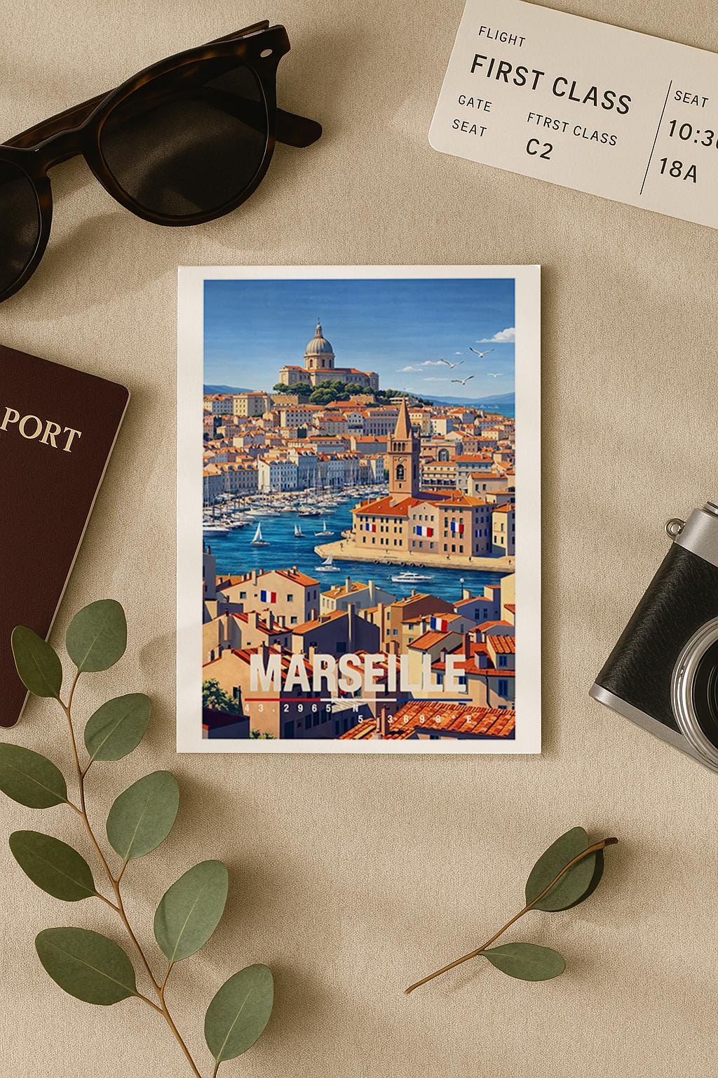 Mediterrane Grußkarte mit Marseille-Motiv, zeigt Hafen, Boote, Altstadt und warme Farben der südfranzösischen Küste. Die Illustration vermittelt Sommer, Meer und südliches Lebensgefühl. Ideal als Reise-Grußkarte, Urlaubsgruß oder liebe Nachricht für Frankreich-Fans, Mittelmeer-Liebhaber und Weltenbummler.