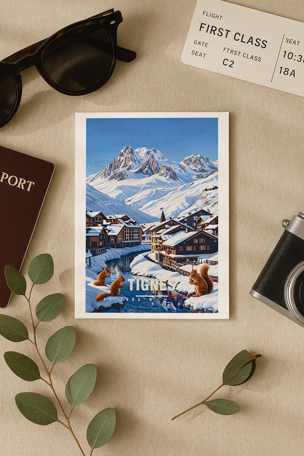 Winterliche Grußkarte mit Tignes-Motiv in Frankreich, zeigt verschneite Chalets, Berge und einen ruhigen Fluss. Die Illustration strahlt alpine Gemütlichkeit, Kälte und klare Bergluft aus. Ideal als Reise-Grußkarte, Wintergruß oder liebe Nachricht für Ski-Fans und Alpenliebhaber.