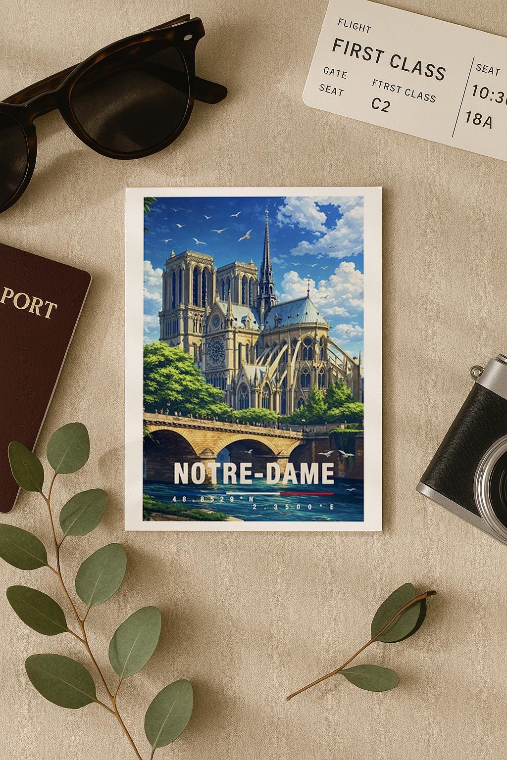 Detailreiche Grußkarte mit Notre-Dame-Motiv in Paris, zeigt die berühmte Kathedrale, Brücke und die Seine unter hellem Himmel. Die Illustration vermittelt Romantik, Geschichte und Pariser Charme. Ideal als Reise-Grußkarte, Städtegruß oder liebe Nachricht für Frankreich- und Paris-Fans.