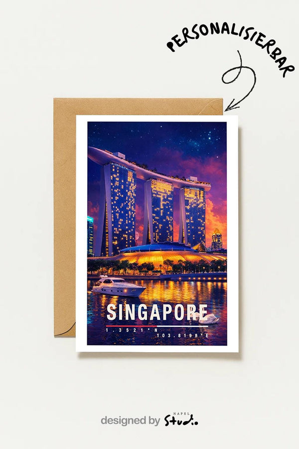 Postkarte Singapore Bei Nacht Moderne Reise Mit Skyline & Marina Bay Exotischer Städtegruß Asien