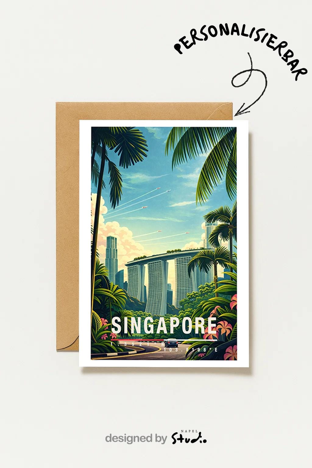 Illustrative Grußkarte mit Singapore-Motiv, zeigt moderne Hochhäuser eingebettet in tropische Palmen und üppiges Grün. Die Szene verbindet Großstadt und Natur und vermittelt Leichtigkeit, Wärme und Fernweh. Perfekt als Reise-Grußkarte, Urlaubsgruß oder liebe Nachricht für Asien-Fans und Städtereisende.