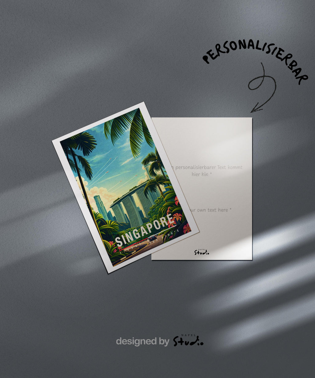 Illustrative Grußkarte mit Singapore-Motiv, zeigt moderne Hochhäuser eingebettet in tropische Palmen und üppiges Grün. Die Szene verbindet Großstadt und Natur und vermittelt Leichtigkeit, Wärme und Fernweh. Perfekt als Reise-Grußkarte, Urlaubsgruß oder liebe Nachricht für Asien-Fans und Städtereisende.