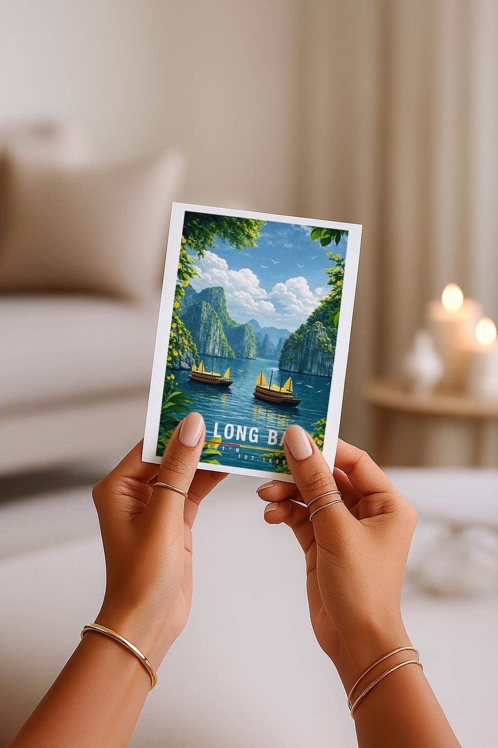 Naturinspirierte Grußkarte mit Ha-Long-Bay-Motiv, zeigt ruhiges Wasser, traditionelle Boote und markante Kalksteinfelsen. Die Illustration vermittelt Ruhe, Weite und exotische Landschaft. Ideal als Reise-Grußkarte, Urlaubsgruß oder liebe Nachricht für Natur- und Asien-Fans.