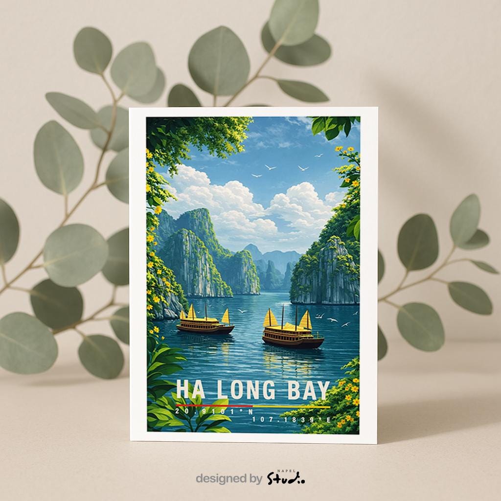 Naturinspirierte Grußkarte mit Ha-Long-Bay-Motiv, zeigt ruhiges Wasser, traditionelle Boote und markante Kalksteinfelsen. Die Illustration vermittelt Ruhe, Weite und exotische Landschaft. Ideal als Reise-Grußkarte, Urlaubsgruß oder liebe Nachricht für Natur- und Asien-Fans.