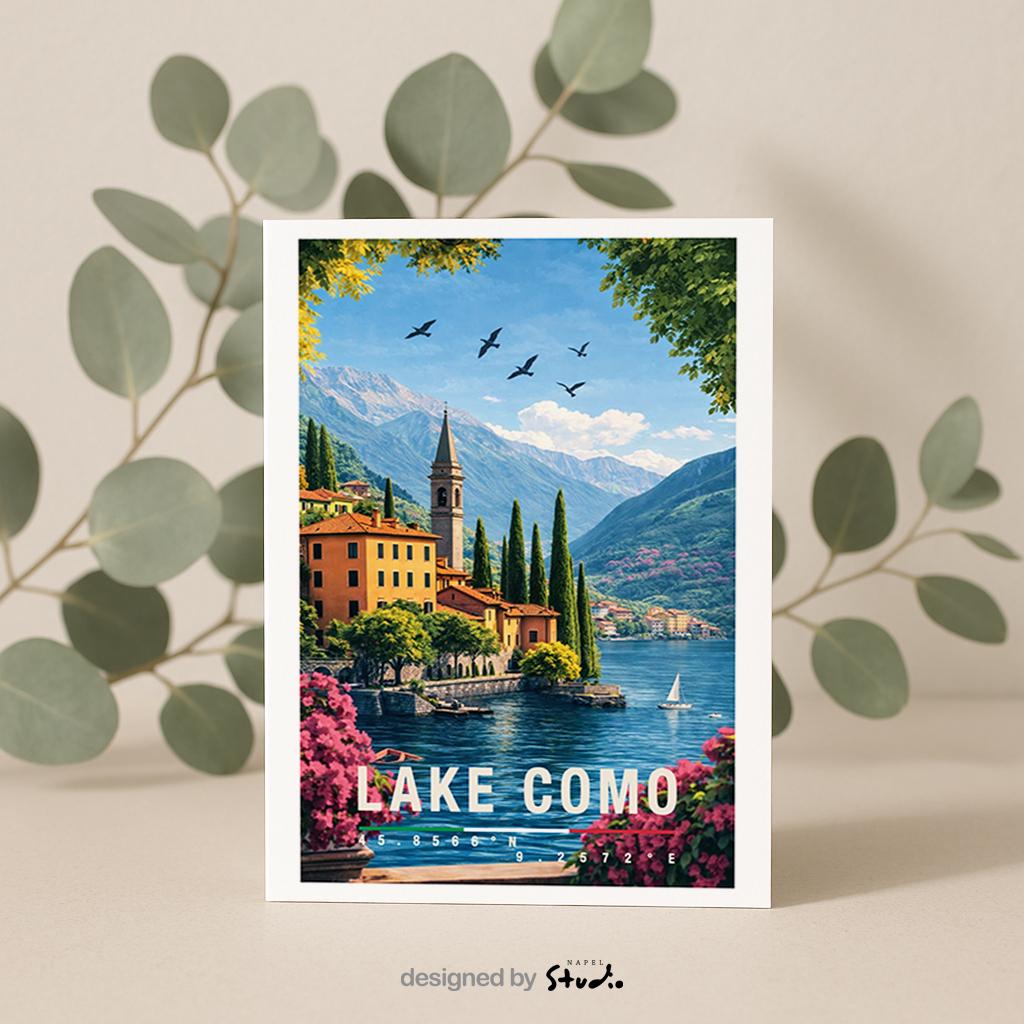 Stilvolle Grußkarte mit Lake-Como-Motiv, zeigt farbenfrohe Häuser, Boote am Ufer und eine imposante Bergkulisse. Die Illustration strahlt Ruhe, Eleganz und italienischen Charme aus. Perfekt als Reise-Grußkarte, Urlaubsgruß oder liebevolle Nachricht für Seeliebhaber und Italien-Begeisterte.