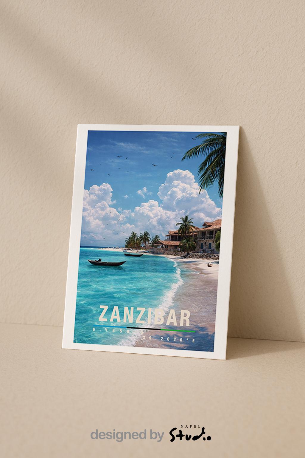 Tropische Grußkarte mit Zanzibar-Motiv in Tansania, zeigt weißen Sandstrand, Palmen, türkisfarbenes Meer und traditionelle Boote. Die Illustration vermittelt Entspannung, Wärme und Inselparadies. Ideal als Reise-Grußkarte, Urlaubsgruß oder liebe Nachricht für Afrika-Fans und Fernweh-Liebhaber.