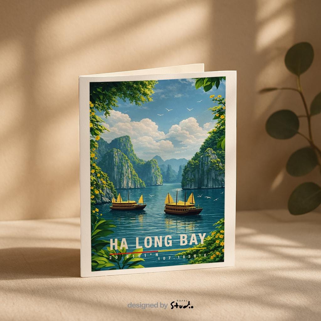 Naturinspirierte Grußkarte mit Ha-Long-Bay-Motiv, zeigt ruhiges Wasser, traditionelle Boote und markante Kalksteinfelsen. Die Illustration vermittelt Ruhe, Weite und exotische Landschaft. Ideal als Reise-Grußkarte, Urlaubsgruß oder liebe Nachricht für Natur- und Asien-Fans.