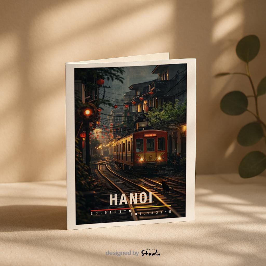 Atmosphärische Grußkarte mit Hanoi-Motiv, zeigt einen Zug inmitten der Altstadt, Laternen und enge Häuserreihen. Die Illustration verbindet urbanes Leben, Geschichte und vietnamesische Kultur. Perfekt als Reise-Grußkarte, Städtegruß oder besondere Nachricht für Vietnam- und Asien-Liebhaber.