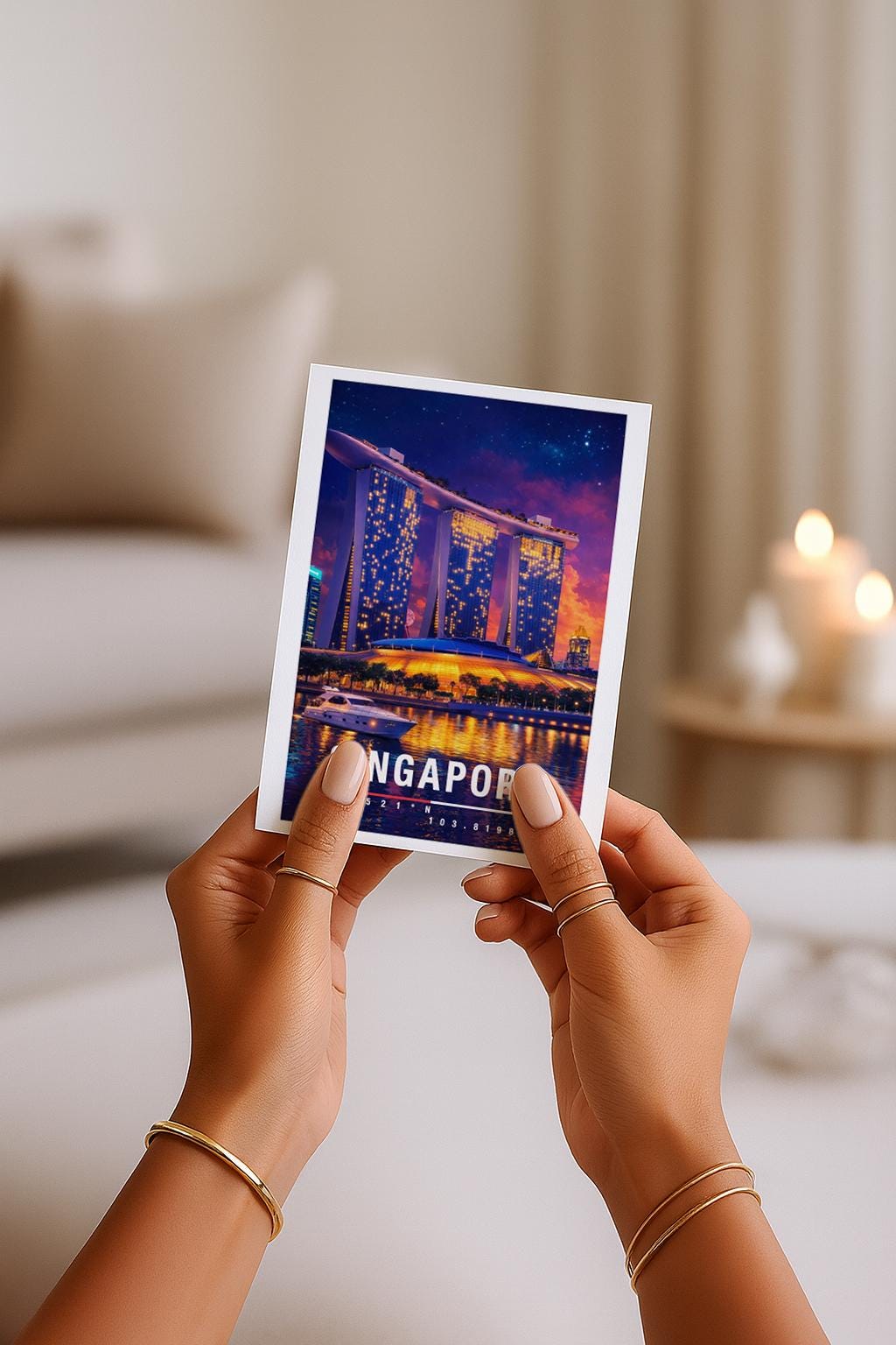 Moderne Grußkarte mit nächtlichem Singapore-Motiv, zeigt die leuchtende Skyline und das ikonische Marina-Bay-Gebäude mit Spiegelungen im Wasser. Die Illustration vermittelt urbanen Luxus, asiatische Metropole und Reisefieber. Ideal als Reise-Grußkarte, Urlaubsgruß oder stilvolle Nachricht für Singapore-Fans, Weltenbummler und Liebhaber moderner Städte.