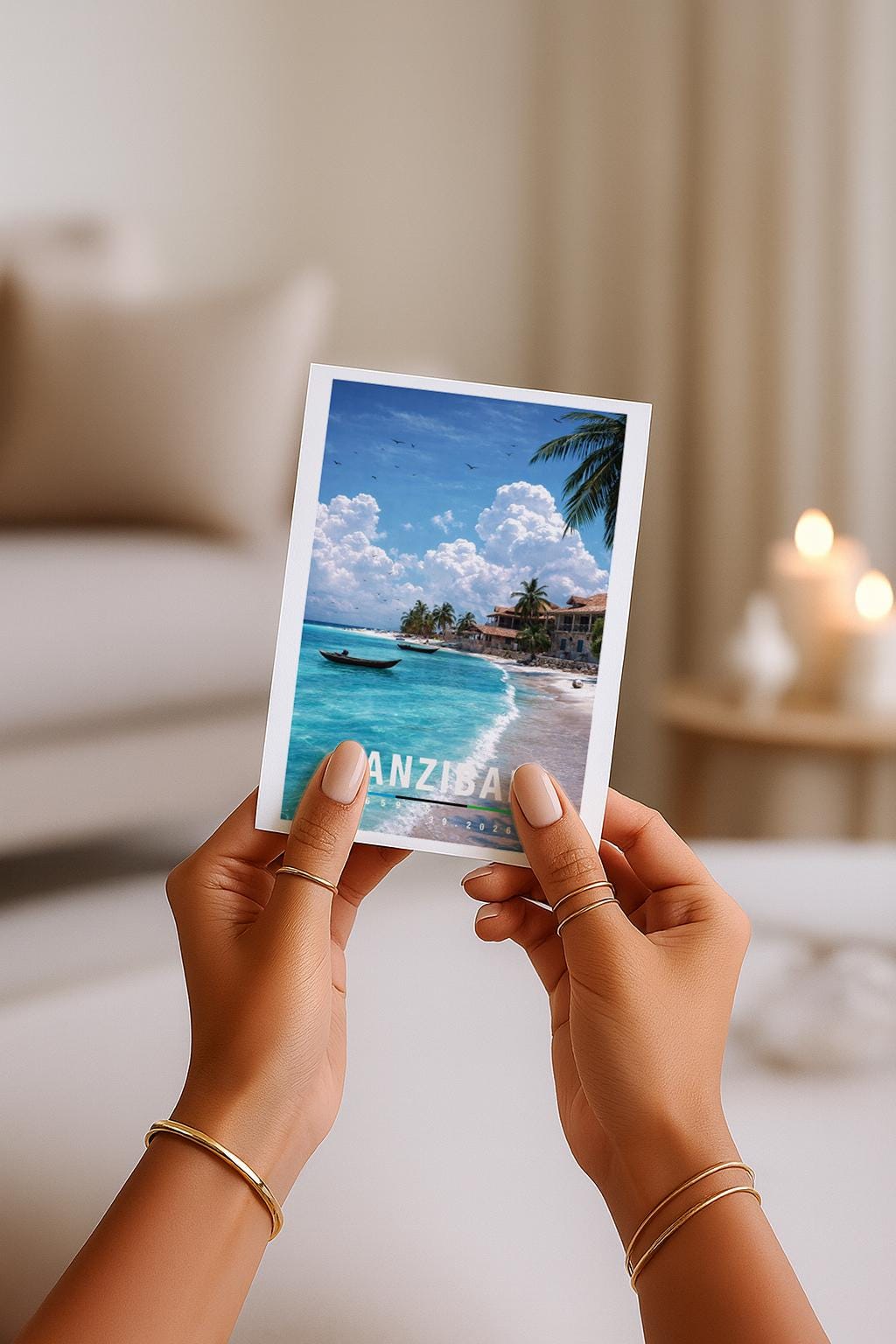 Tropische Grußkarte mit Zanzibar-Motiv in Tansania, zeigt weißen Sandstrand, Palmen, türkisfarbenes Meer und traditionelle Boote. Die Illustration vermittelt Entspannung, Wärme und Inselparadies. Ideal als Reise-Grußkarte, Urlaubsgruß oder liebe Nachricht für Afrika-Fans und Fernweh-Liebhaber.