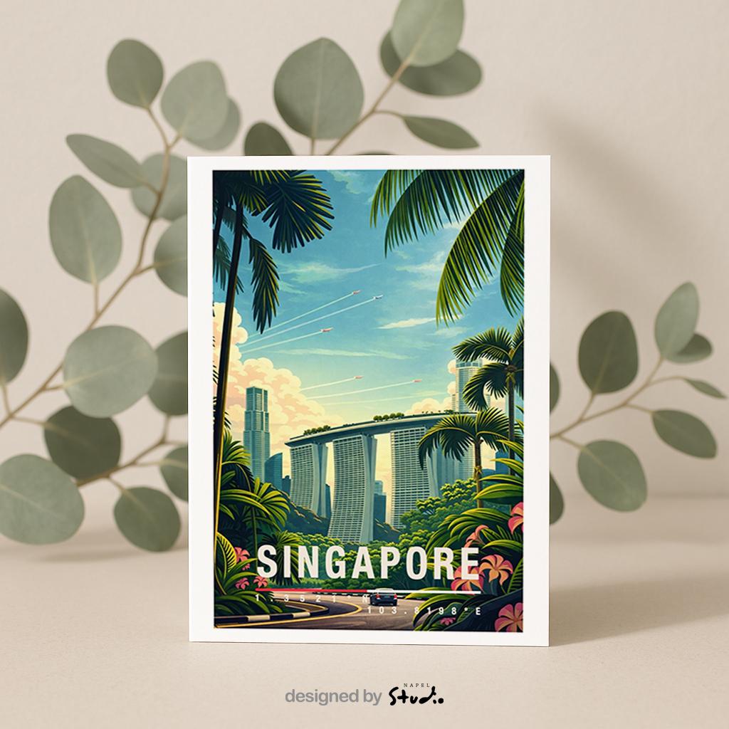 Illustrative Grußkarte mit Singapore-Motiv, zeigt moderne Hochhäuser eingebettet in tropische Palmen und üppiges Grün. Die Szene verbindet Großstadt und Natur und vermittelt Leichtigkeit, Wärme und Fernweh. Perfekt als Reise-Grußkarte, Urlaubsgruß oder liebe Nachricht für Asien-Fans und Städtereisende.