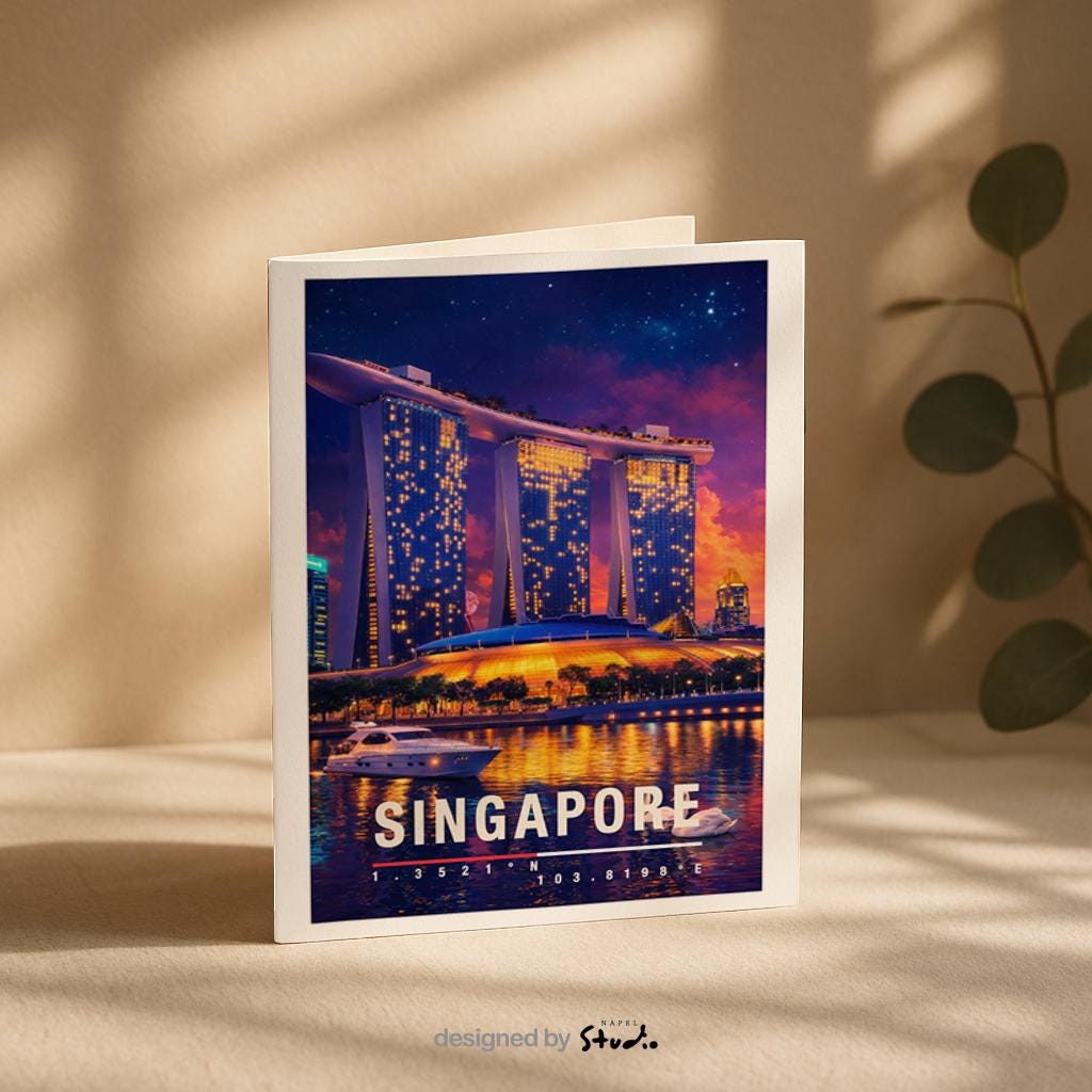 Moderne Grußkarte mit nächtlichem Singapore-Motiv, zeigt die leuchtende Skyline und das ikonische Marina-Bay-Gebäude mit Spiegelungen im Wasser. Die Illustration vermittelt urbanen Luxus, asiatische Metropole und Reisefieber. Ideal als Reise-Grußkarte, Urlaubsgruß oder stilvolle Nachricht für Singapore-Fans, Weltenbummler und Liebhaber moderner Städte.