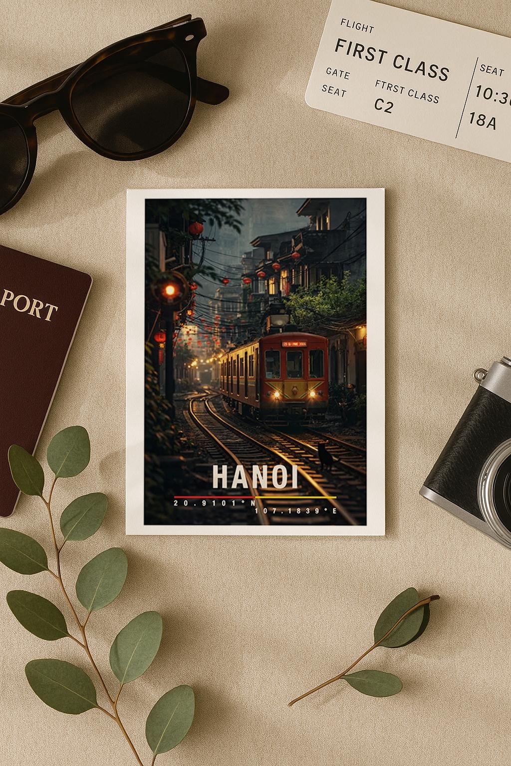 Atmosphärische Grußkarte mit Hanoi-Motiv, zeigt einen Zug inmitten der Altstadt, Laternen und enge Häuserreihen. Die Illustration verbindet urbanes Leben, Geschichte und vietnamesische Kultur. Perfekt als Reise-Grußkarte, Städtegruß oder besondere Nachricht für Vietnam- und Asien-Liebhaber.