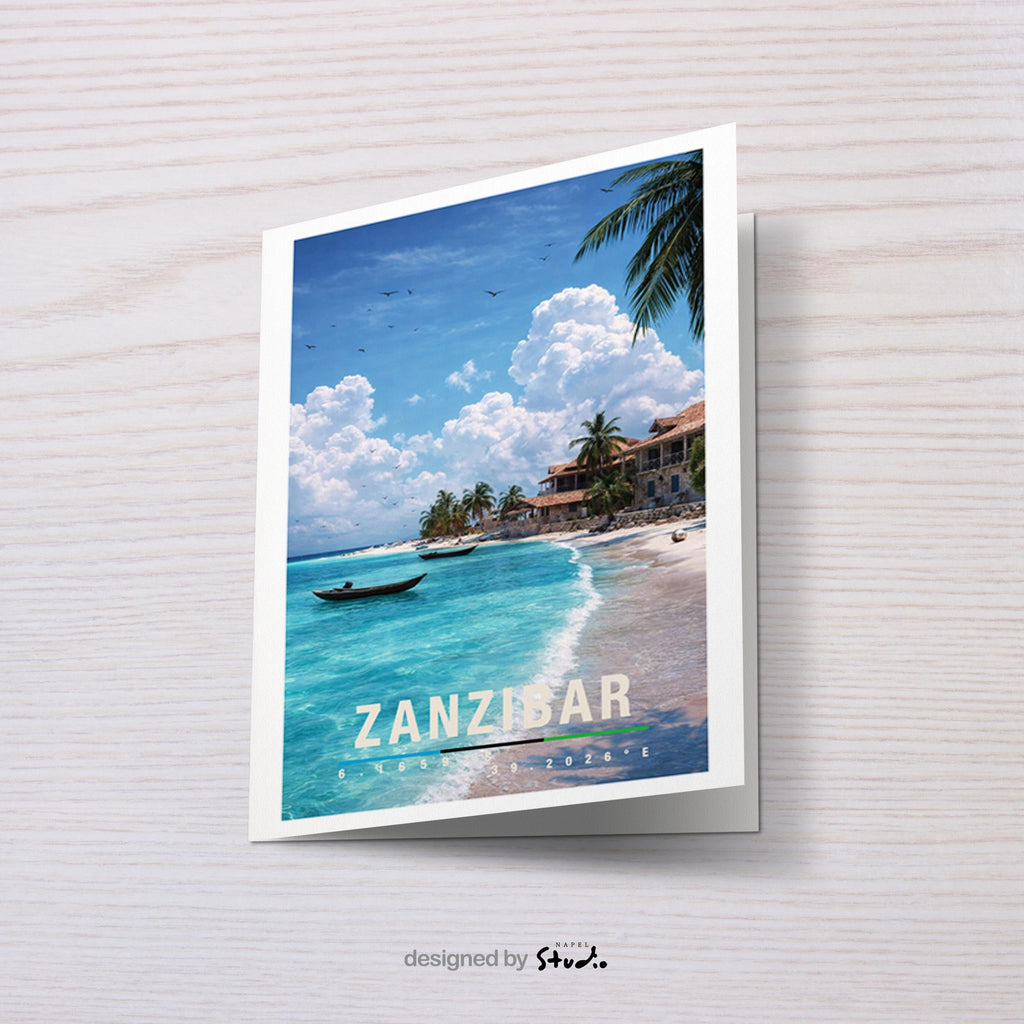Tropische Grußkarte mit Zanzibar-Motiv in Tansania, zeigt weißen Sandstrand, Palmen, türkisfarbenes Meer und traditionelle Boote. Die Illustration vermittelt Entspannung, Wärme und Inselparadies. Ideal als Reise-Grußkarte, Urlaubsgruß oder liebe Nachricht für Afrika-Fans und Fernweh-Liebhaber.