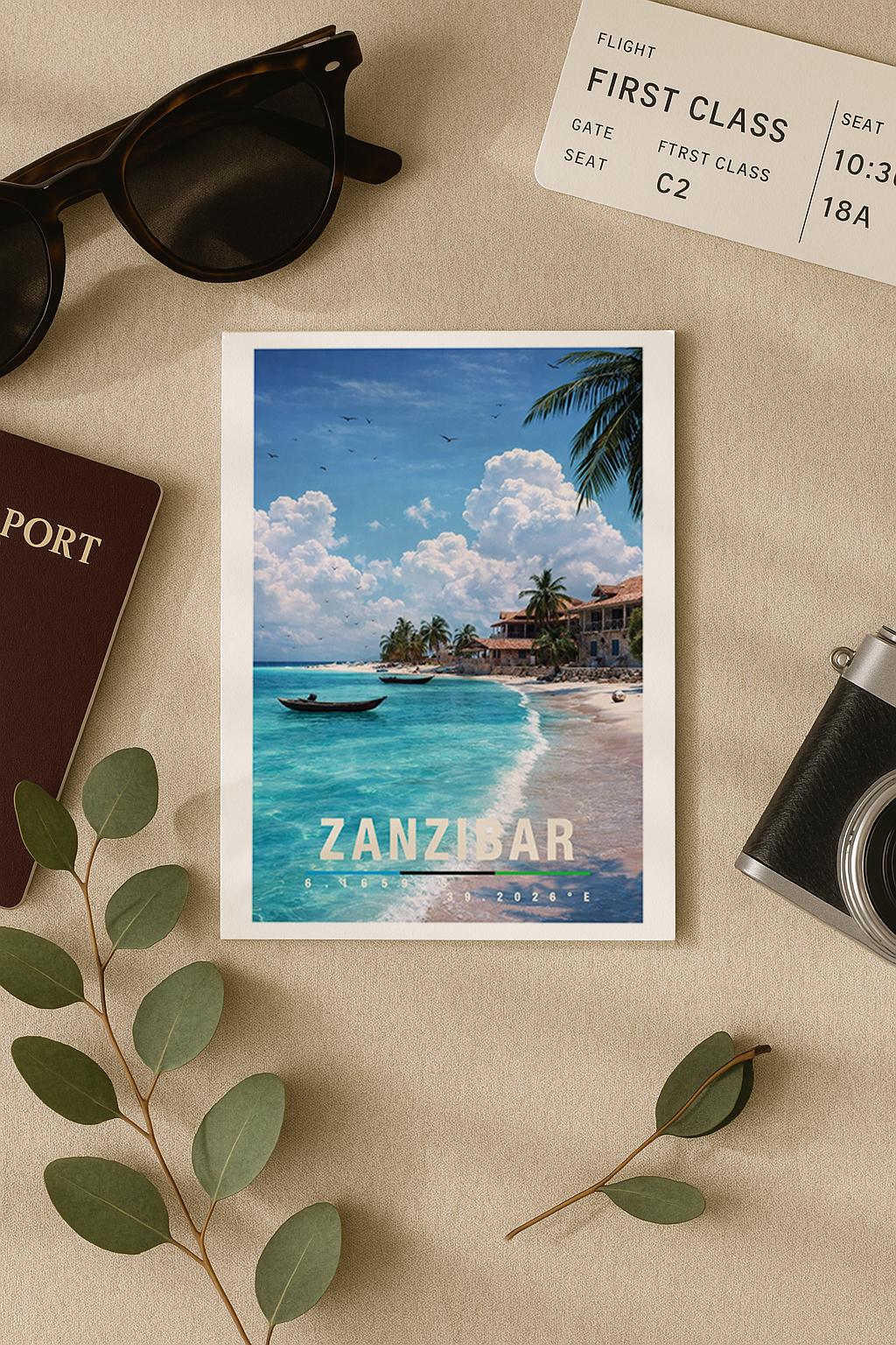 Tropische Grußkarte mit Zanzibar-Motiv in Tansania, zeigt weißen Sandstrand, Palmen, türkisfarbenes Meer und traditionelle Boote. Die Illustration vermittelt Entspannung, Wärme und Inselparadies. Ideal als Reise-Grußkarte, Urlaubsgruß oder liebe Nachricht für Afrika-Fans und Fernweh-Liebhaber.
